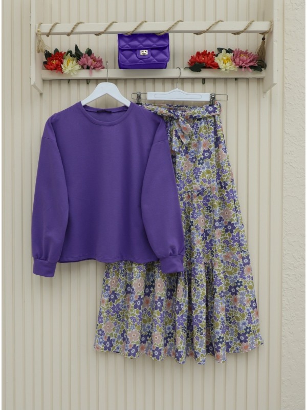 Çiçek Desenli Kemerli İkili Takım -Mor