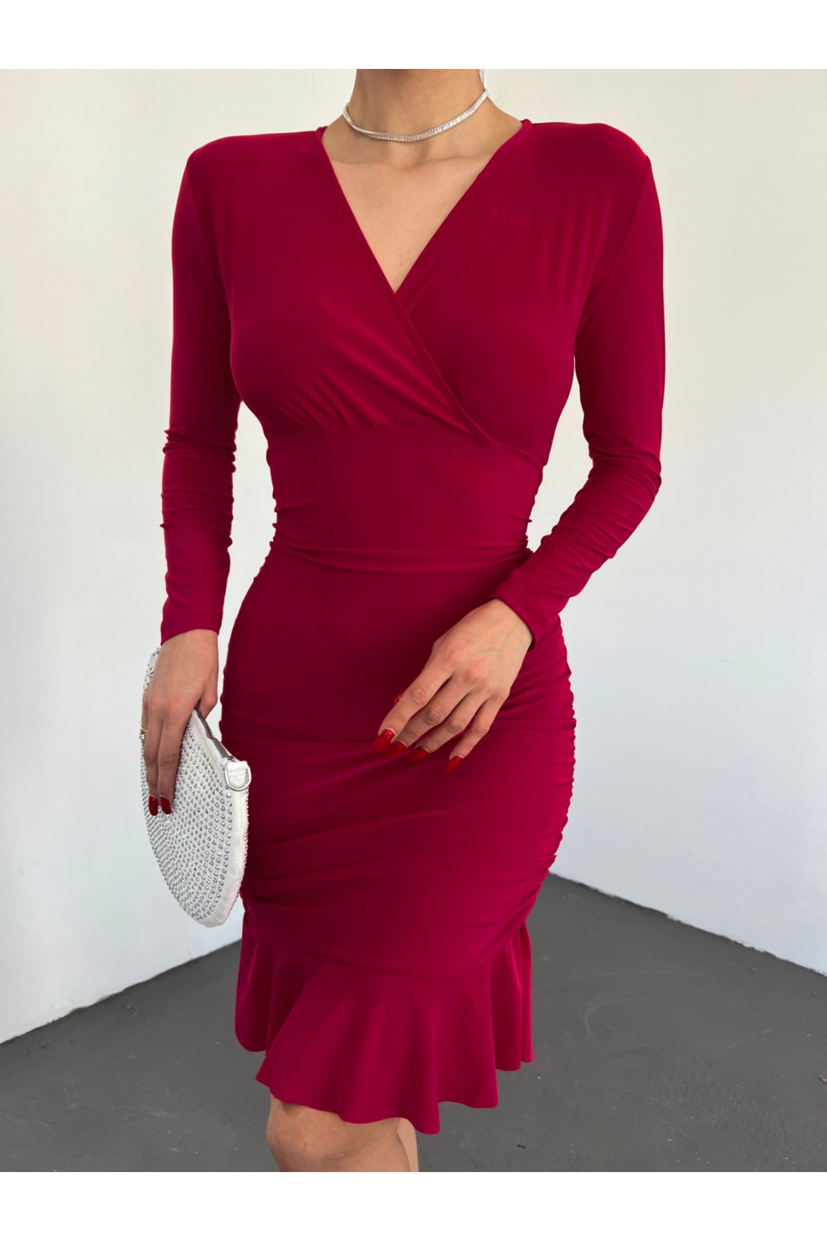 Yanları Lastikli Eteği Volanlı Sandy Mini Elbise -Kırmızı