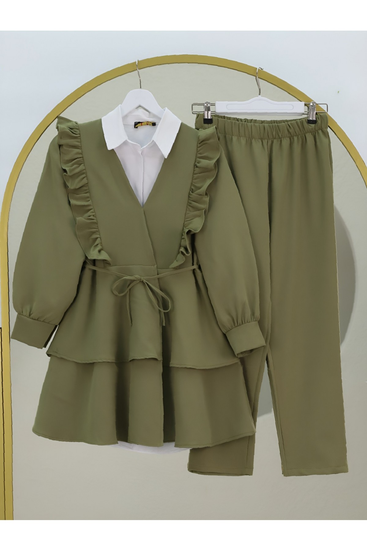 Önü Fırfırlı Bağcıklı Eteği Katlı Pantolonlu Kimono Takım -Haki