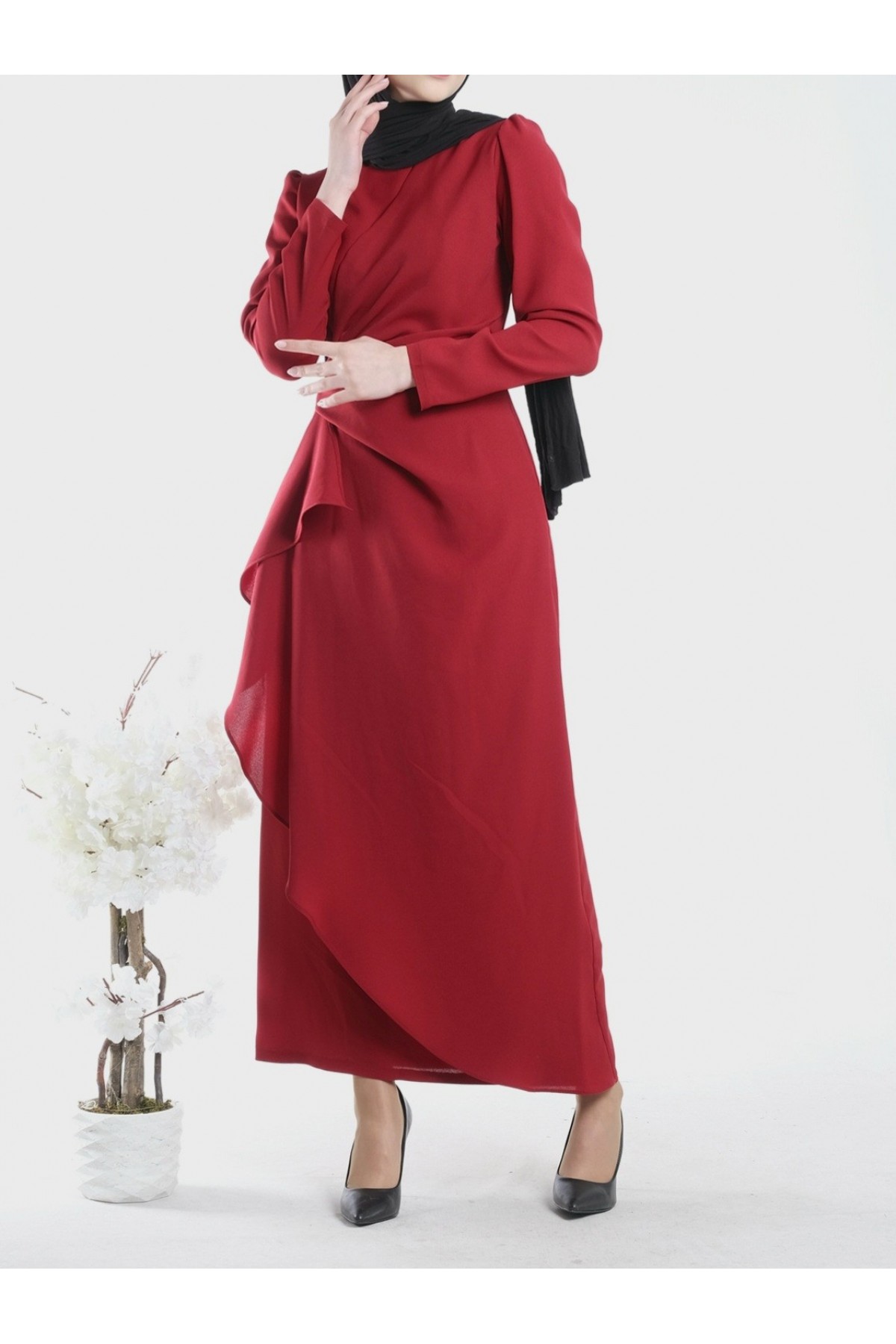 Önü Allerli Eteği Asimetrik Krep Elbise      -Kırmızı