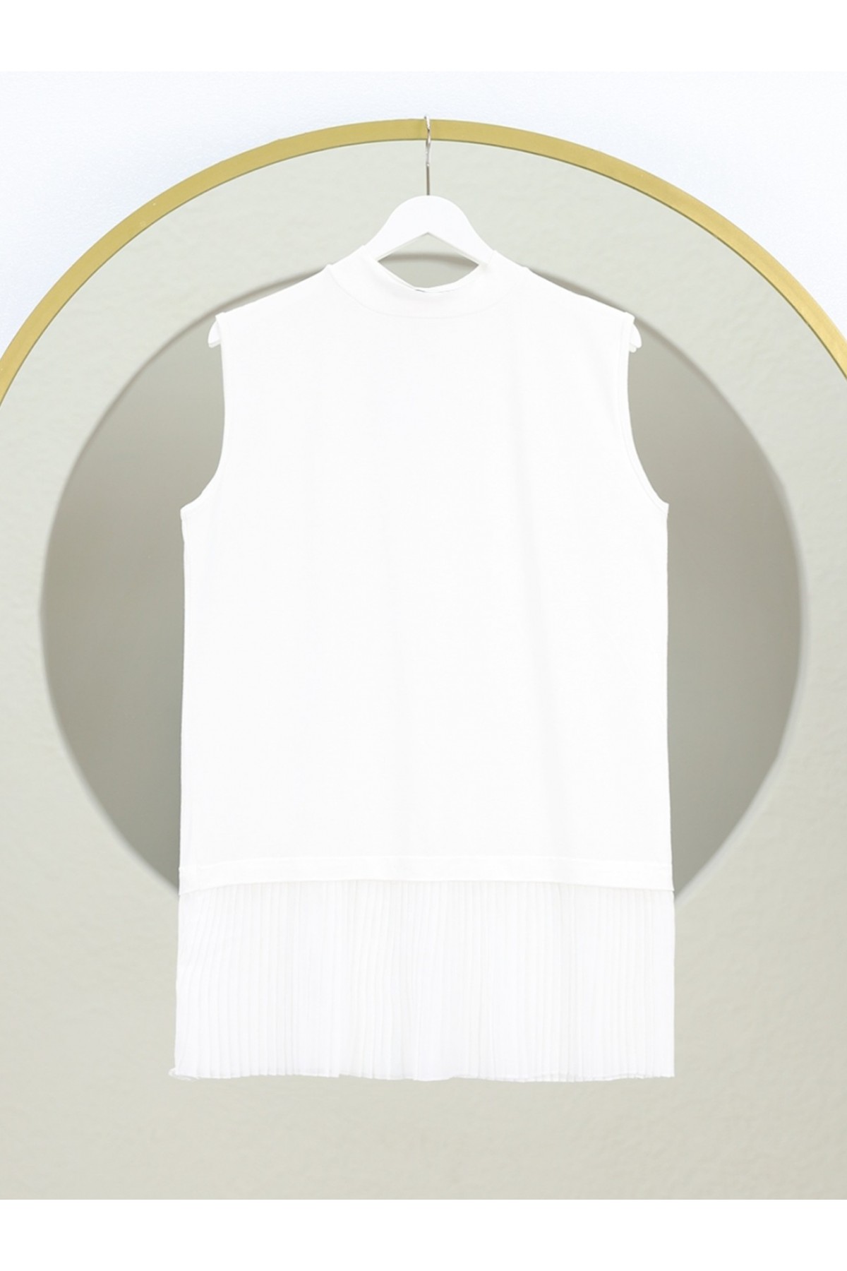 Dik Yaka Eteği Pliseli Penye İçlik  -Beyaz
