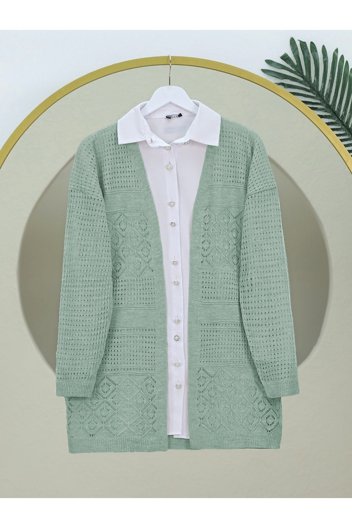 Ajurlu Mevsimlik Triko Hırka  -Mint