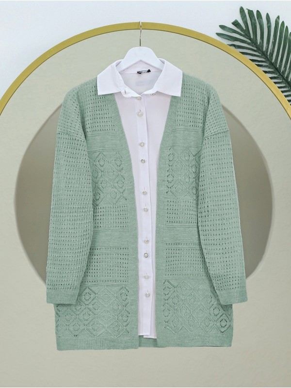 Ajurlu Mevsimlik Triko Hırka  -Mint