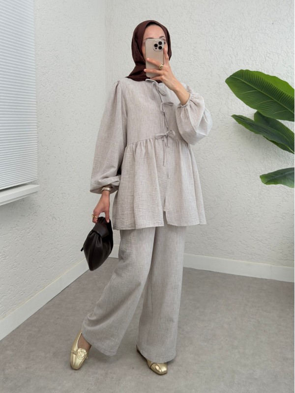 Önü Bağlamalı Parçalı Kolu Lastikli Takım  -Taş