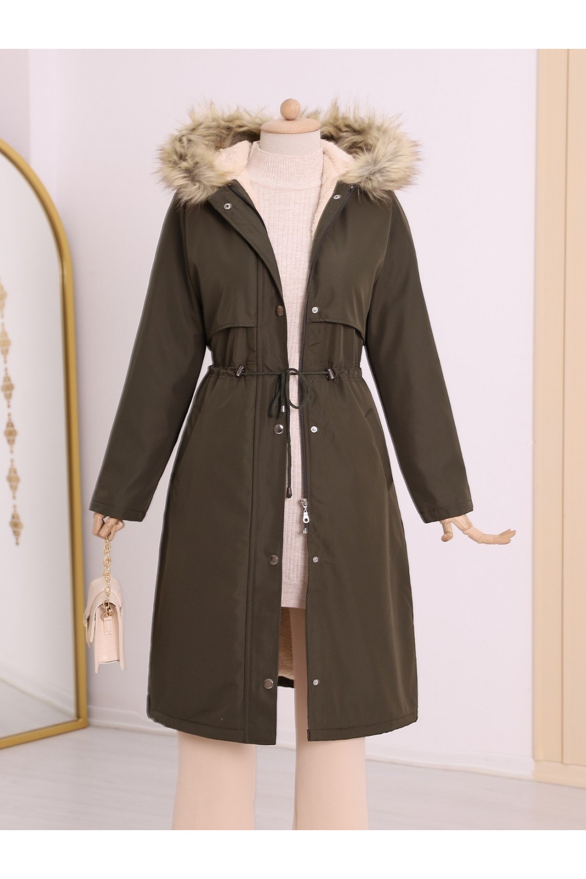 İçi Peluşlu Sabit Kapşonlu Tünel Bağcıklı Uzun Mont -Haki