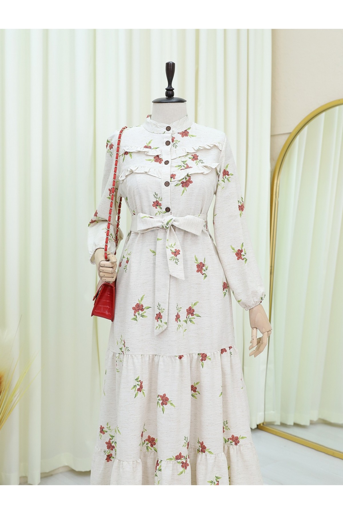 Önü Fırfırlı Yarım Düğmeli Parçalı Keten Elbise -Nar Çiçeği