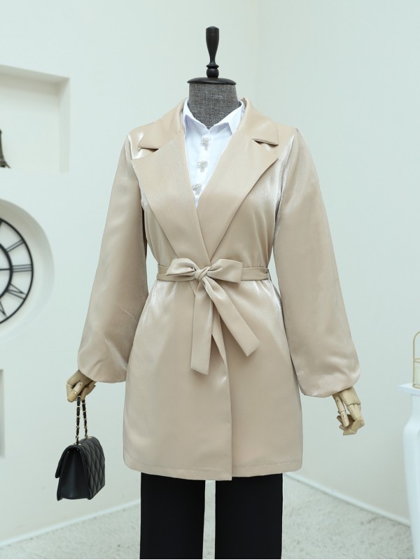 Kolları Volanlı Bağcıklı Saten Ceket -Vizon