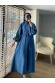 Kolları Balon Süzene İşlemeli Kemerli Elbise  -Koyu Mavi