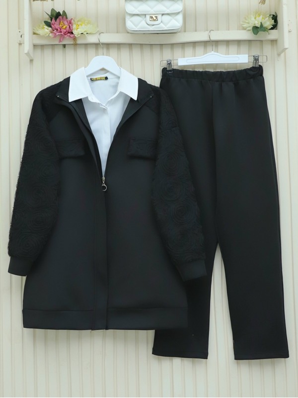 Kolları Tül Güllü Fermuarlı Scuba Takım -Siyah