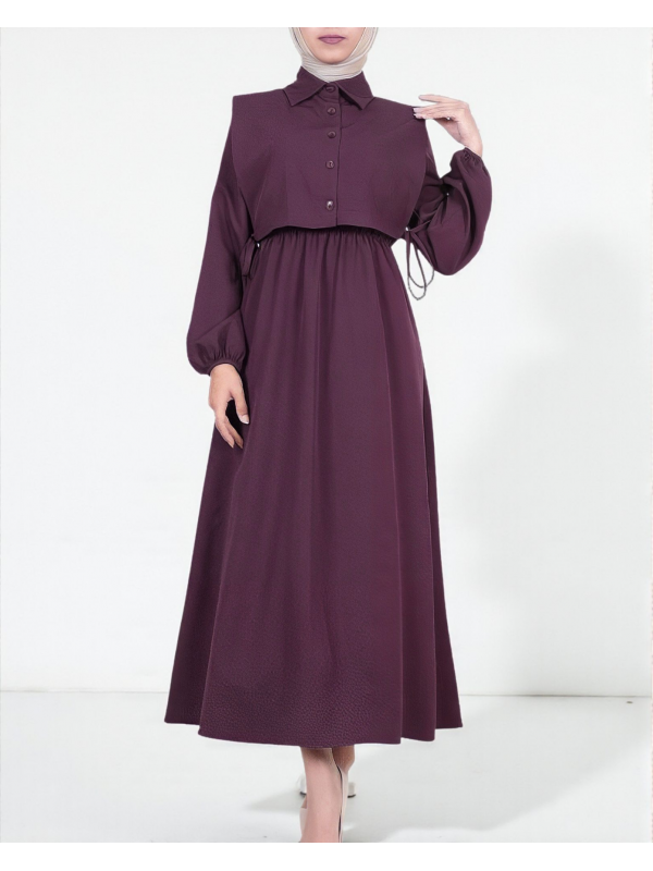 Üstü Gömlek Detaylı Elbise Takım  -Mürdüm