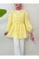 Taşlı Düğmeli Kolu Lastikli Bağlama Detaylı Gömlek -Sarı