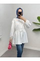Taşlı Düğmeli Kolu Lastikli Bağlama Detaylı Gömlek -Beyaz