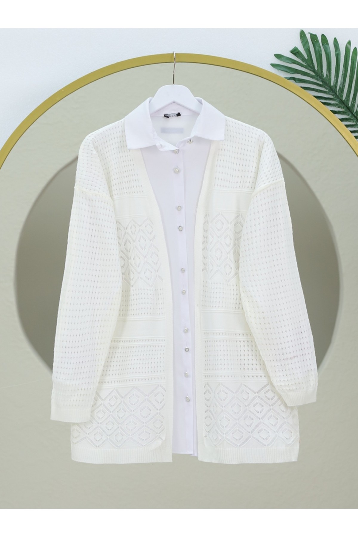 Ajurlu Mevsimlik Triko Hırka  -Ekru