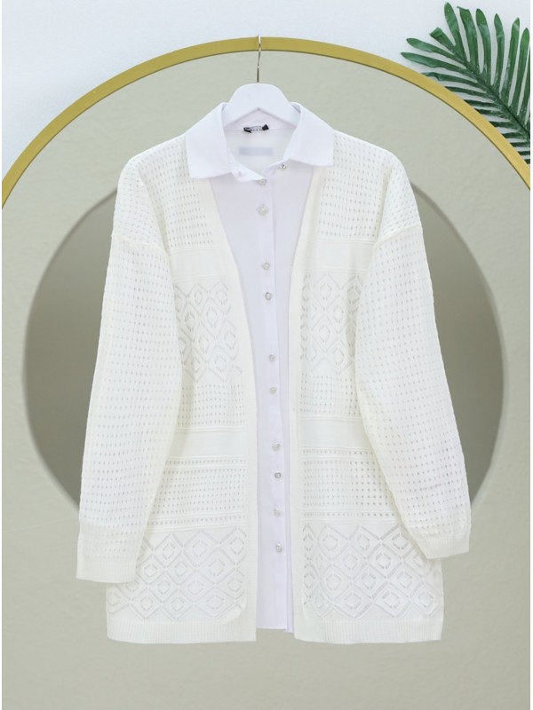 Ajurlu Mevsimlik Triko Hırka  -Ekru