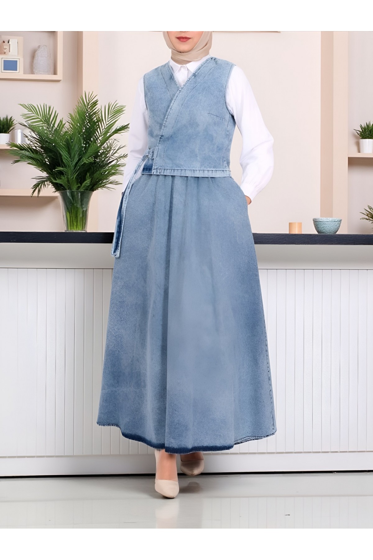 Yandan Bağlamalı Yelek Etek Kot Takım -Buz Mavi