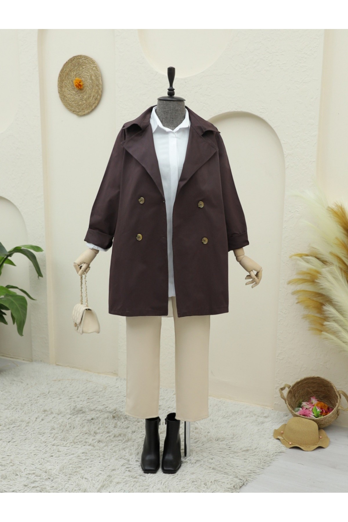 Bolero Detaylı Düğmeli Ara Boy Trençkot -Mürdüm