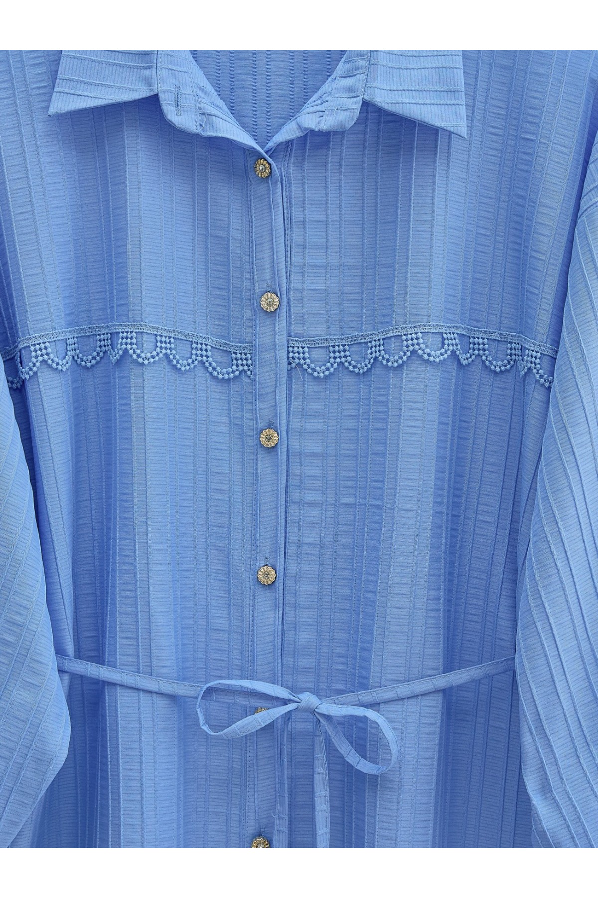 Taşlı Düğmeli Beli Bağlamalı Dantel Detaylı Gömlek -Mavi