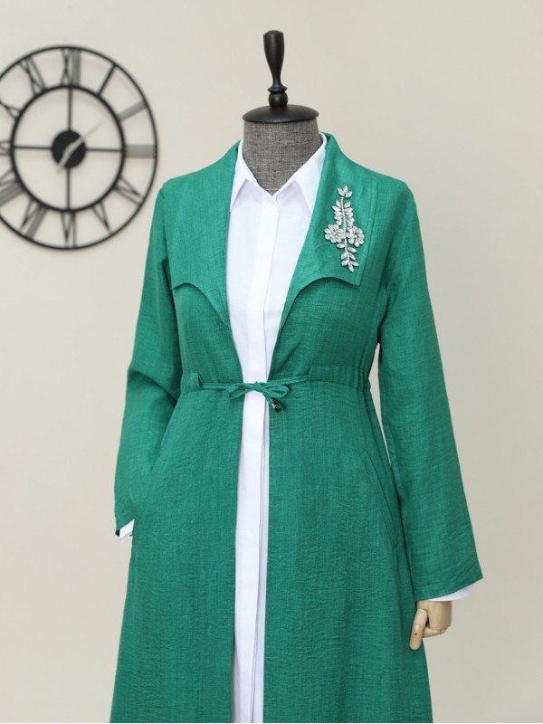 Taş İşlemeli Belden Büzgülü Keten Kap -Orman Yş.