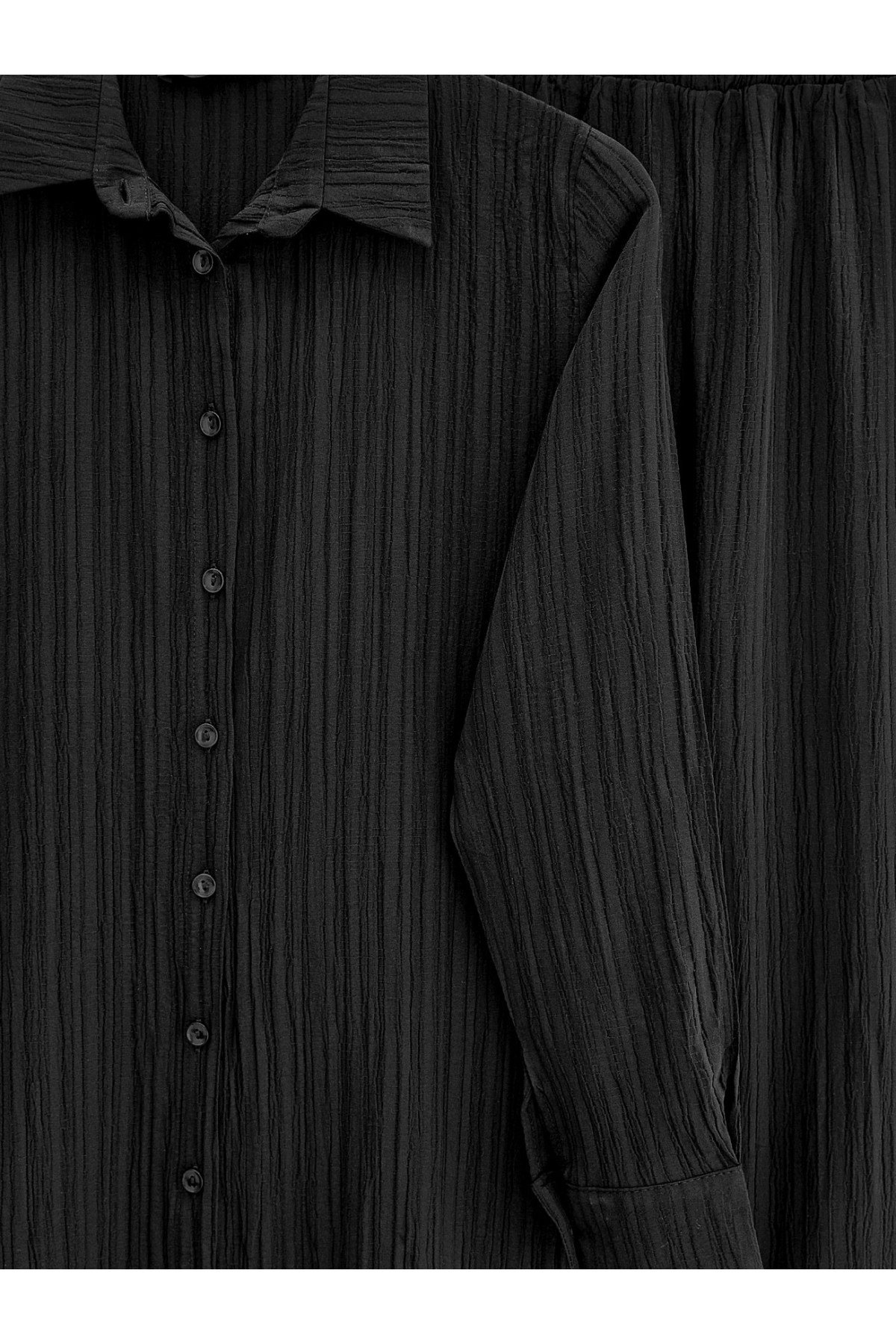 Düğmeli Uzun Pantolonlu Krinkıl Takım   -Siyah