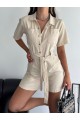 Balık Sırtı Şortlu Keten Salopet -Bej
