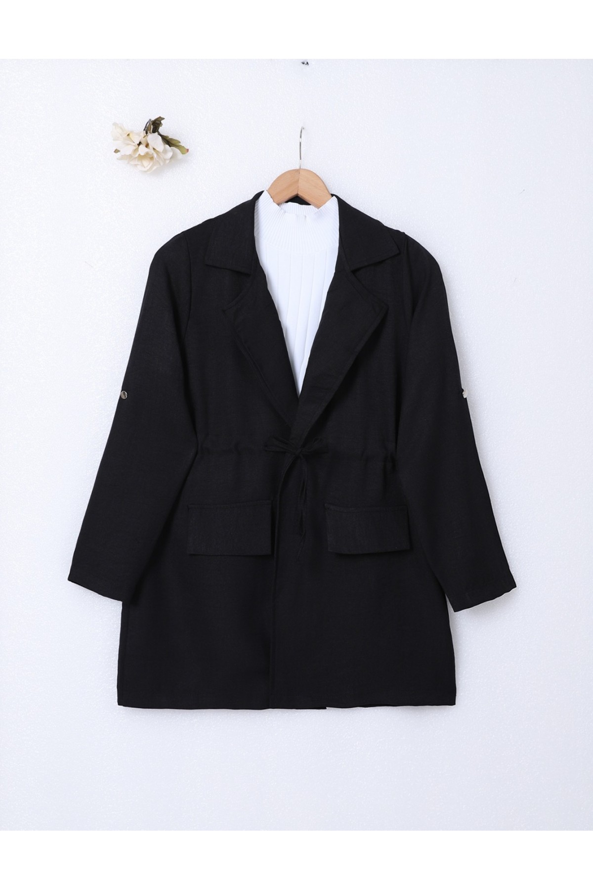 Kapaklı Tünel Köprülü Ceketli Keten Takım -Siyah