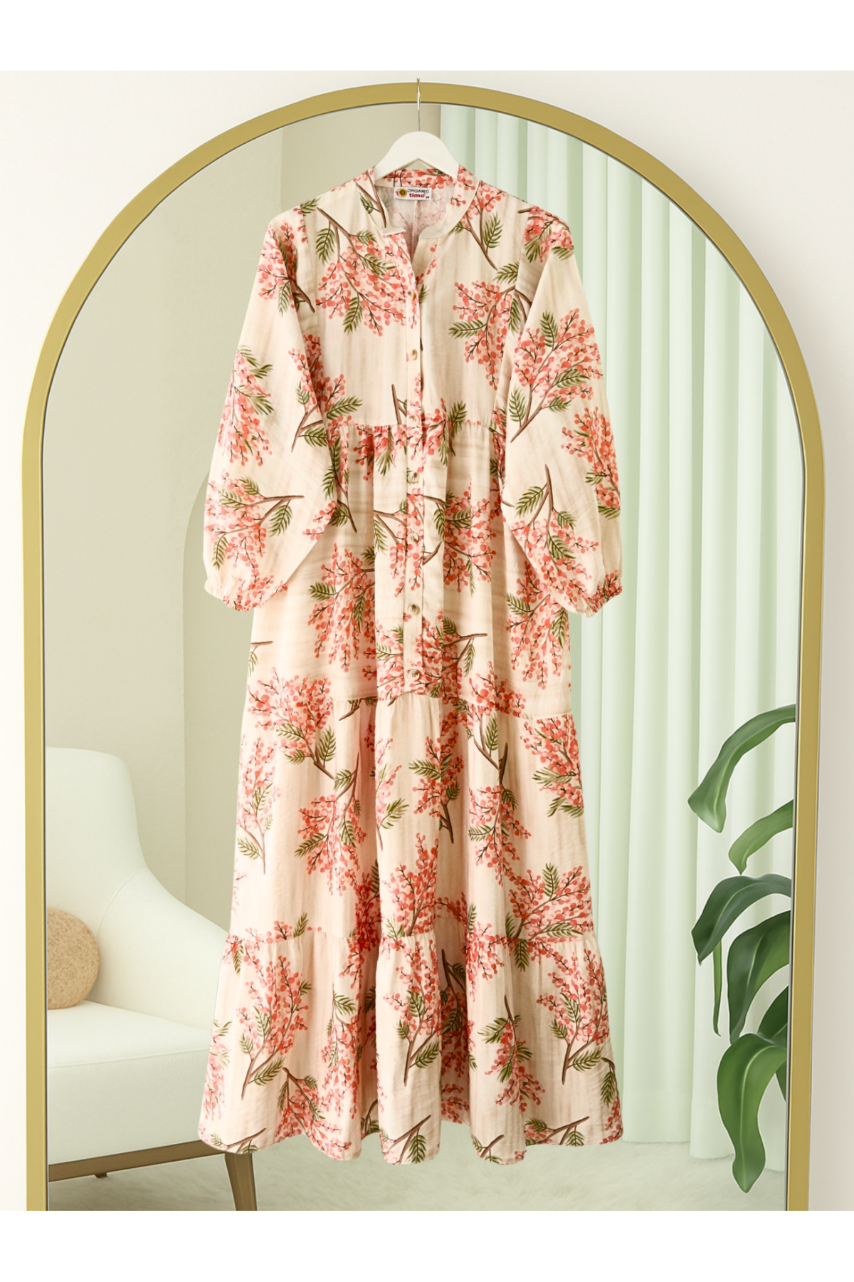 Kolu Lastikli Yarım Düğmeli Desenli Modal Elbise -Nar Çiçeği