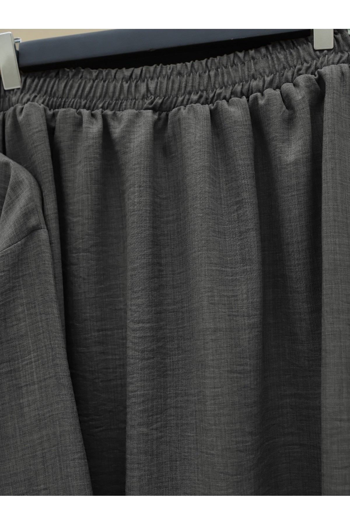 Önü Bağcıklı Beli Lastikli Etekli Keten Takım  -Antrasit