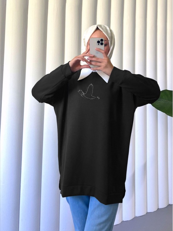 Kuş Desenli Taşlı Oysho Tunik  -Siyah