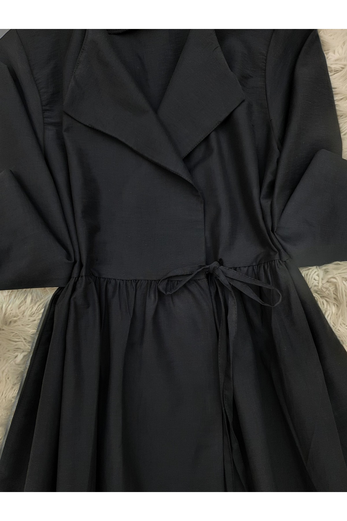 Yan Bağcıklı Kol Manşeti Yırtmaçlı Kimono -Siyah