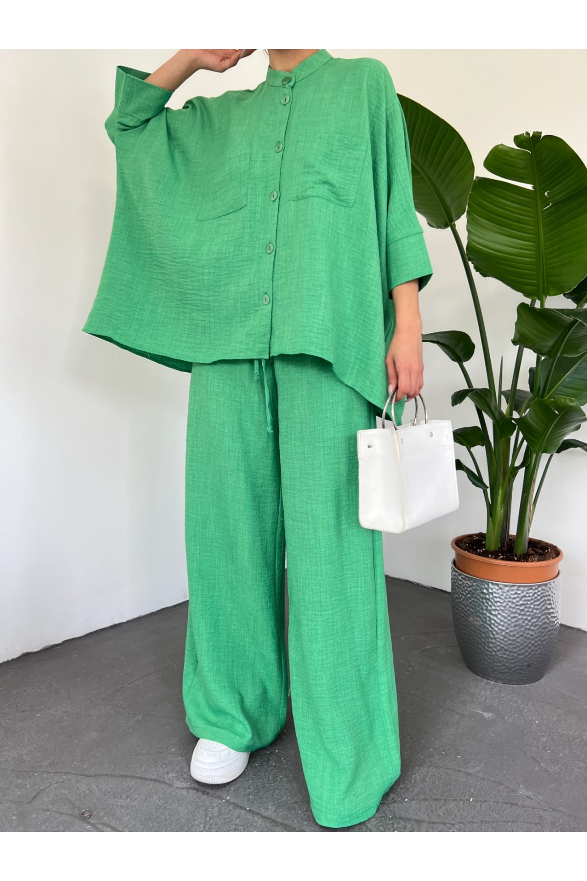 Çift Cepli Yarım Yarasa Kol Salaş Gömlek Takım -Yeşil