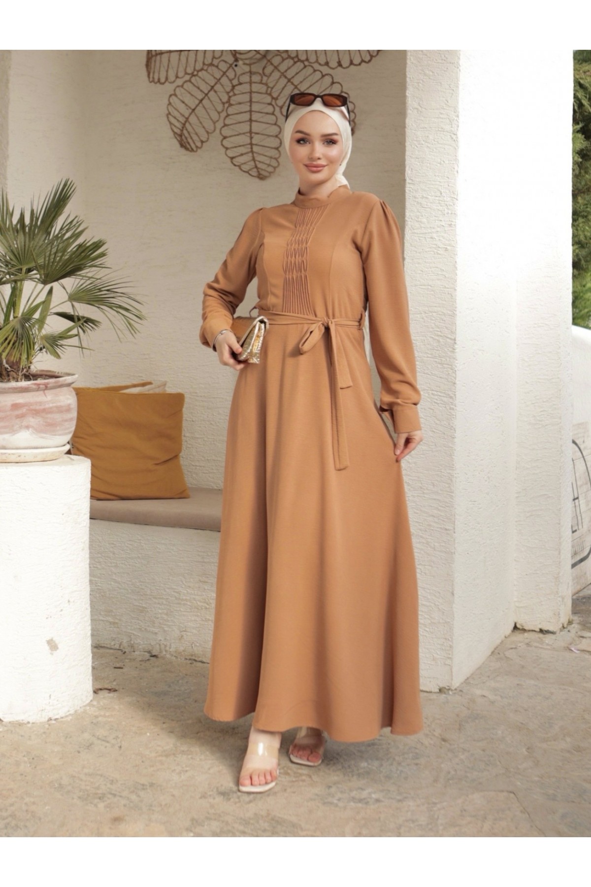 Çıma Detaylı Kemerli Ayrobin Elbise  -Tarçın