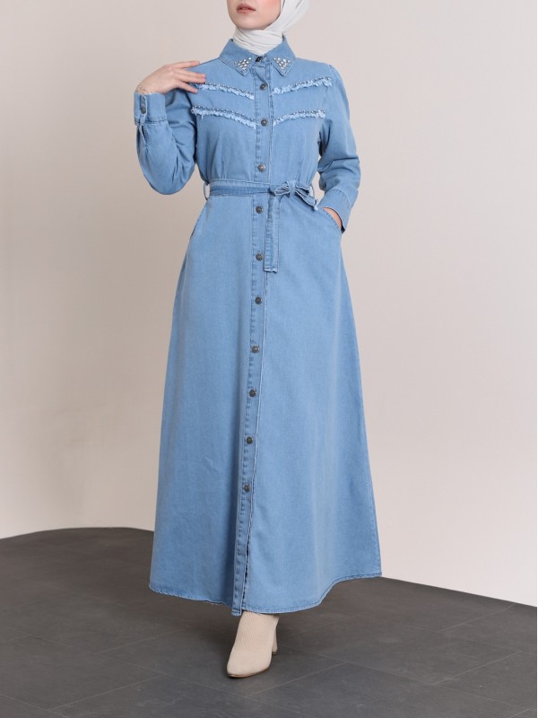 Yakası Ve Göğsü Taşlı Eskitme Kot Elbise -Açık Mavi