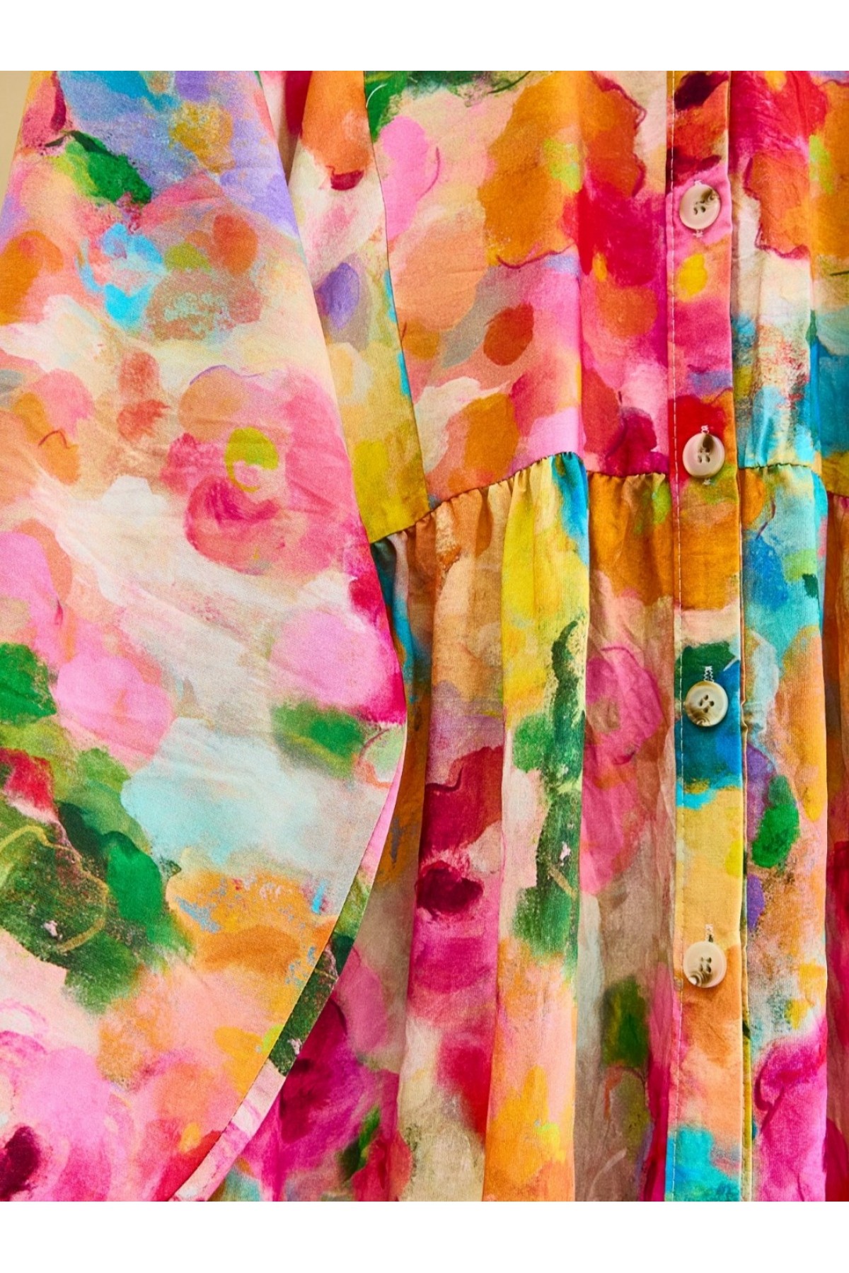 Karışık Desen Yarım Düğmeli Kolu Lastikli Elbise -Turuncu