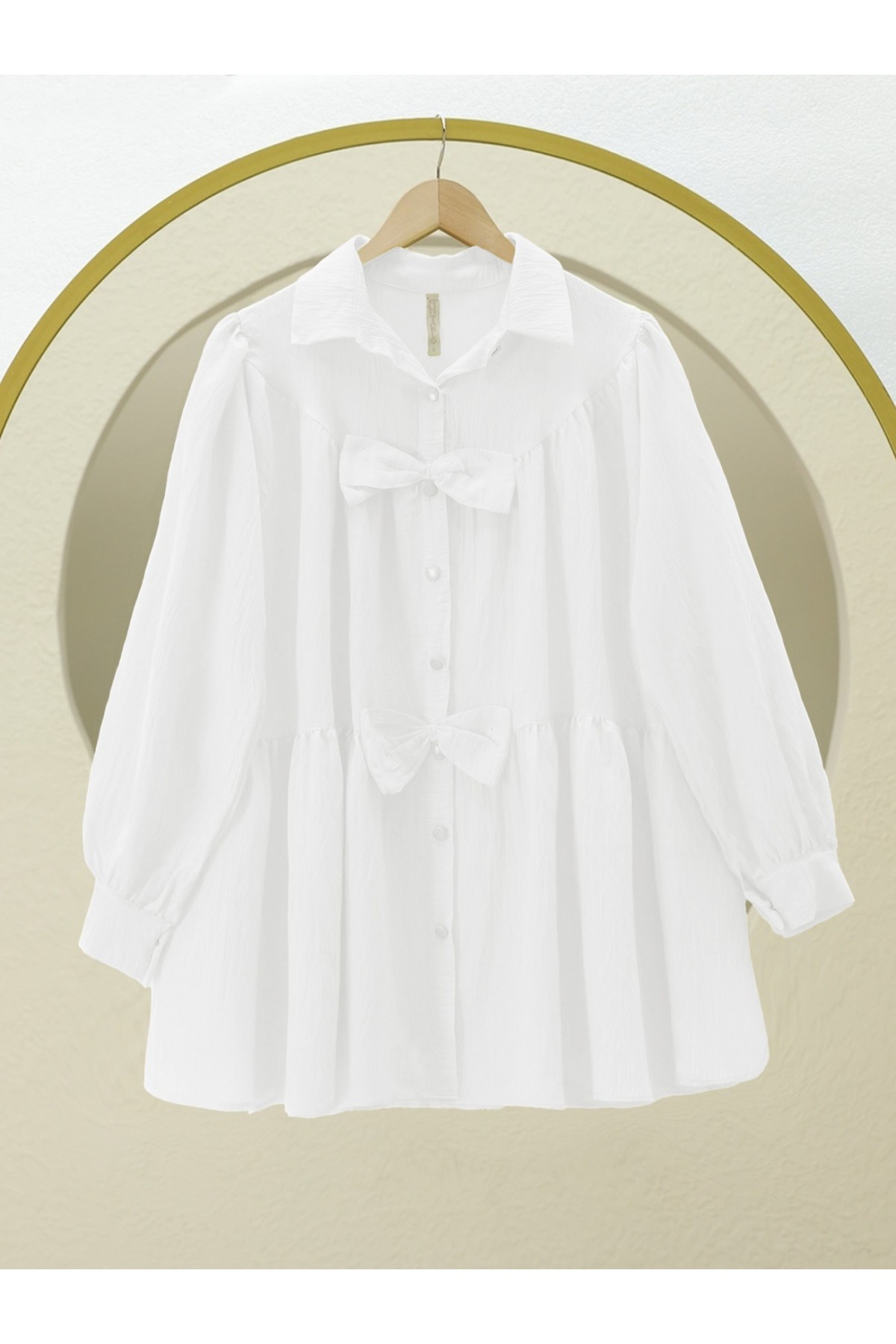 Önü Fiyonk Detaylı Parçalı Gömlek -Beyaz