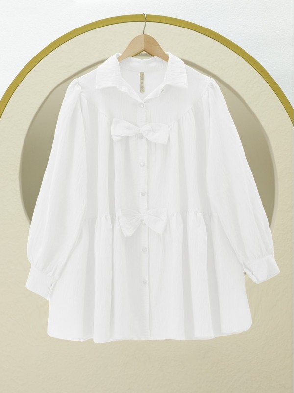 Önü Fiyonk Detaylı Parçalı Gömlek -Beyaz