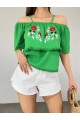 Gül Nakışlı Güpürlü İp Askılı Tişort -Yeşil