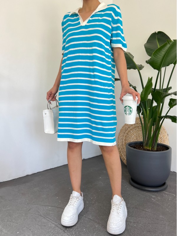 Polo Yaka Çizgili Triko Mini Elbise -Mavi