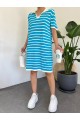 Polo Yaka Çizgili Triko Mini Elbise -Mavi