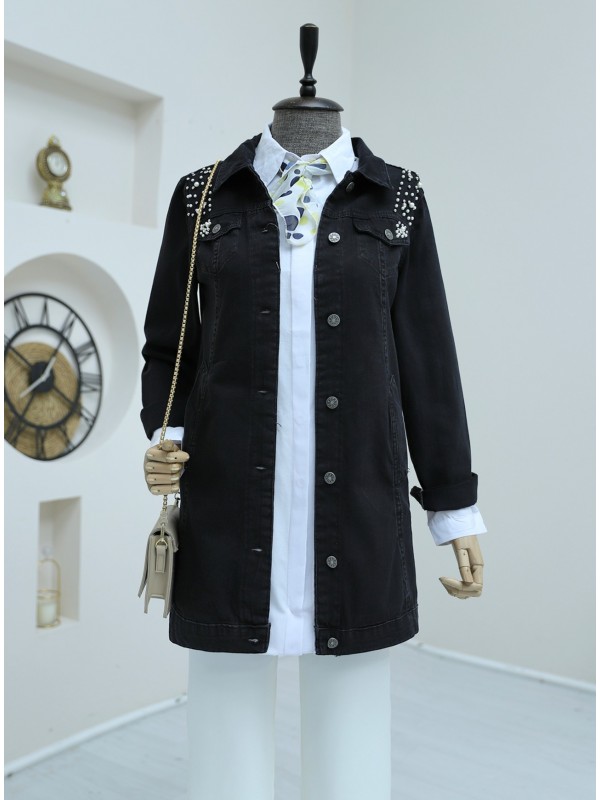 Taş İşlemeli Yıkamalı Kot Ceket  -Siyah
