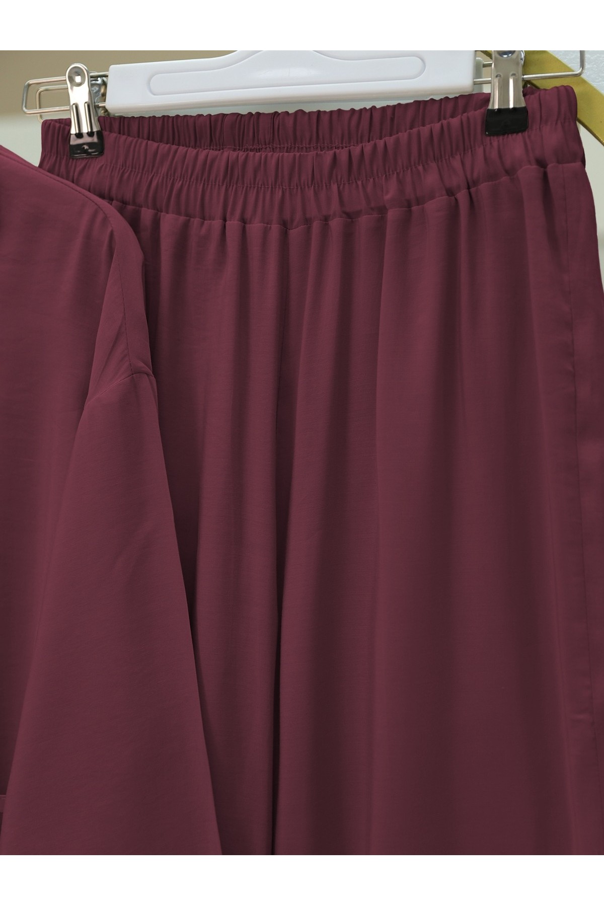 Yakası Taşlı Belden Bağlamalı Pantolonlu Takım -Bordo