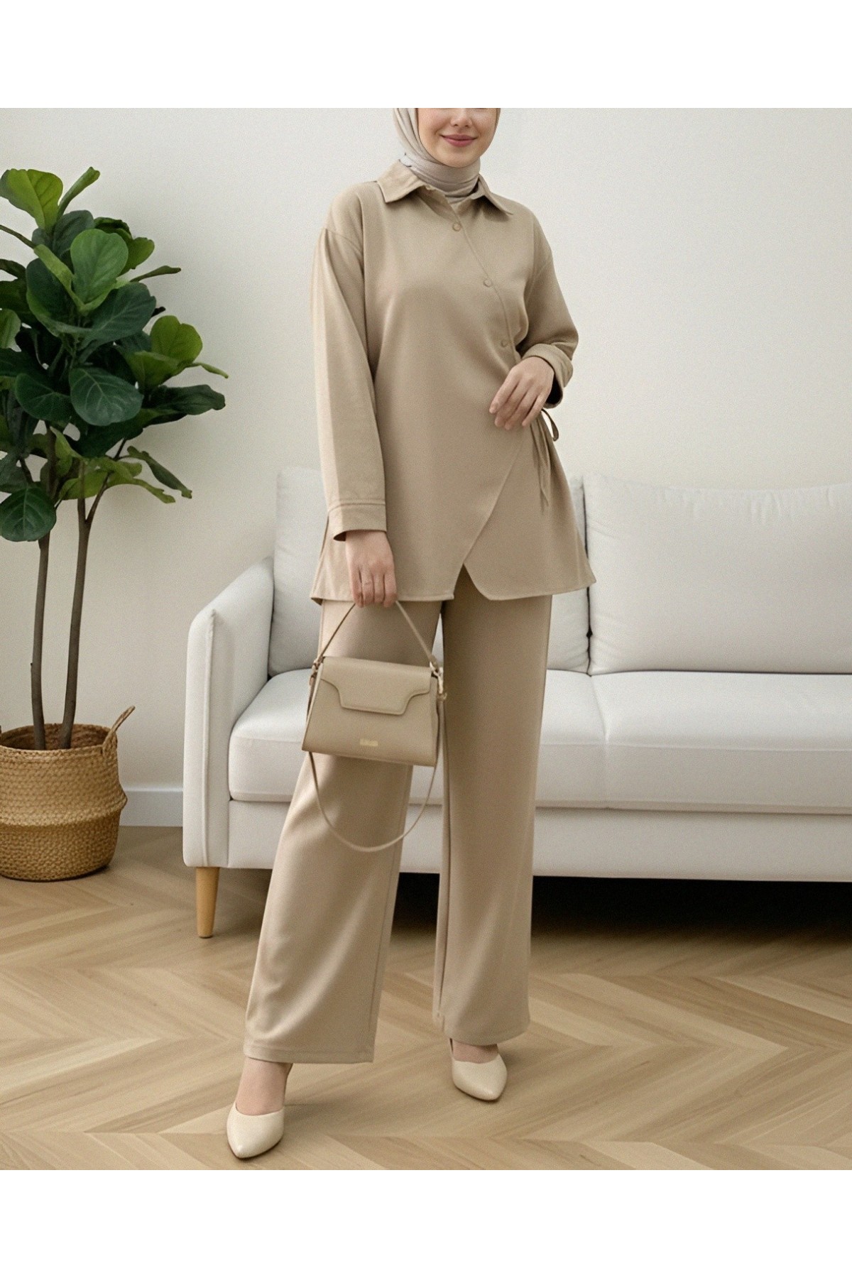 Çapraz Düğmeli Yandan Bağlamalı Yün Efekt Takım  -Vizon