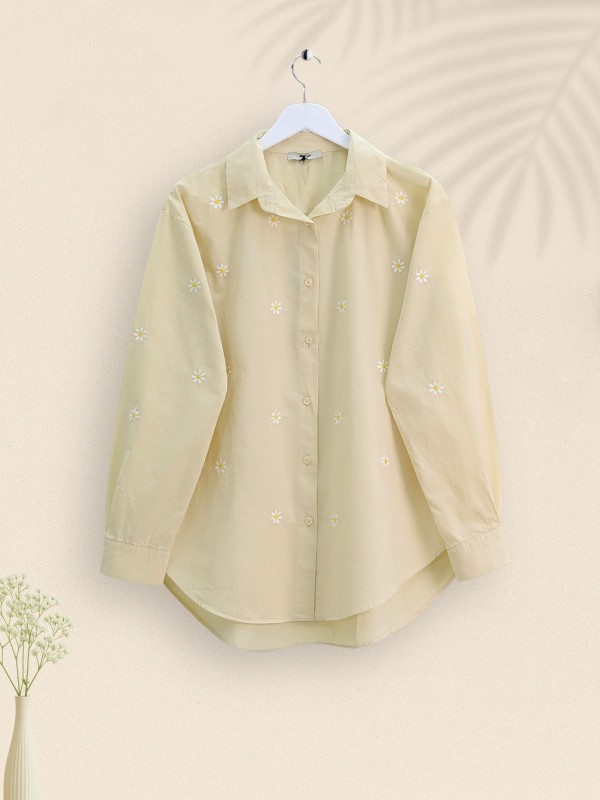 Tek Papatya Nakışlı Arkası Uzun Gömlek -Bej