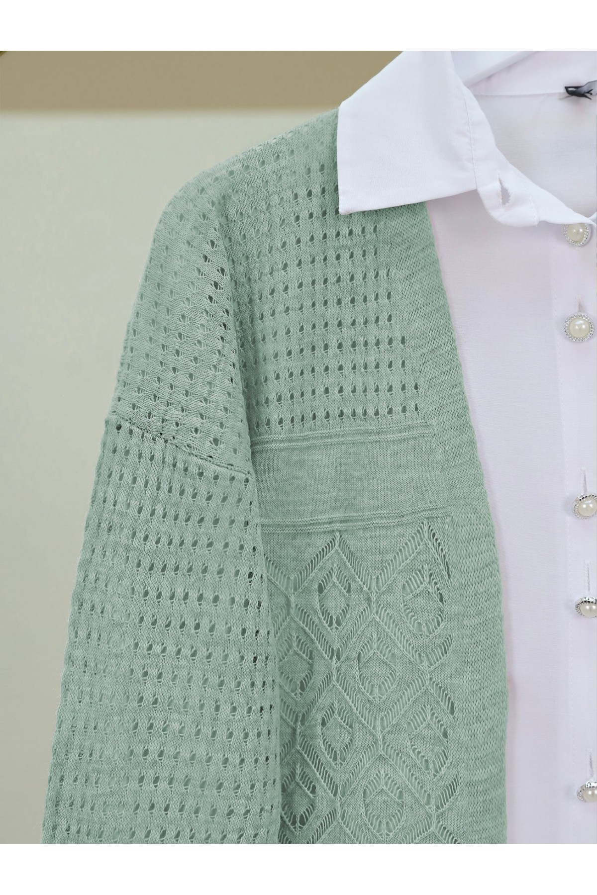 Ajurlu Mevsimlik Triko Hırka  -Mint