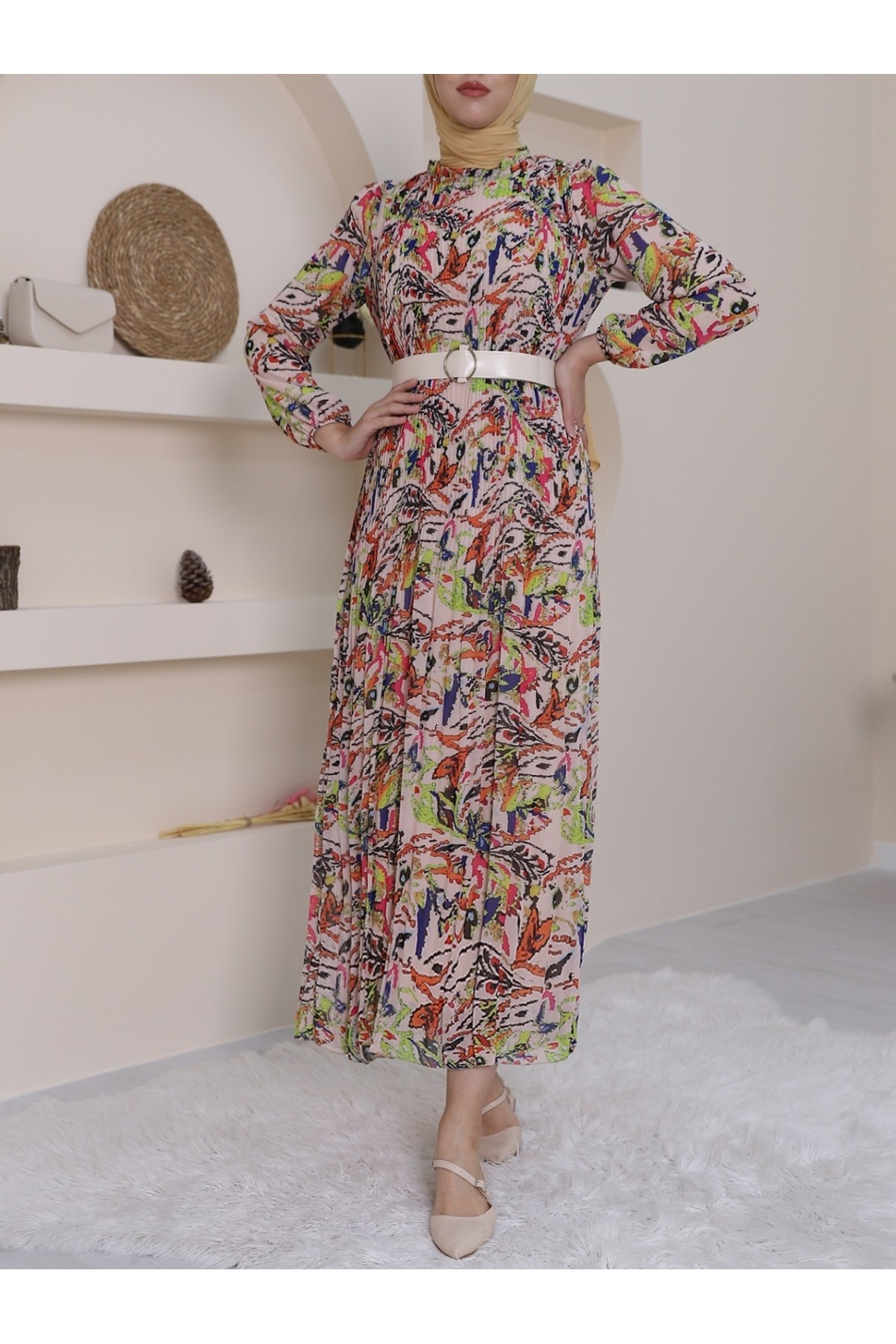 Önü Pileli Kemerli Şifon Elbise -Somon