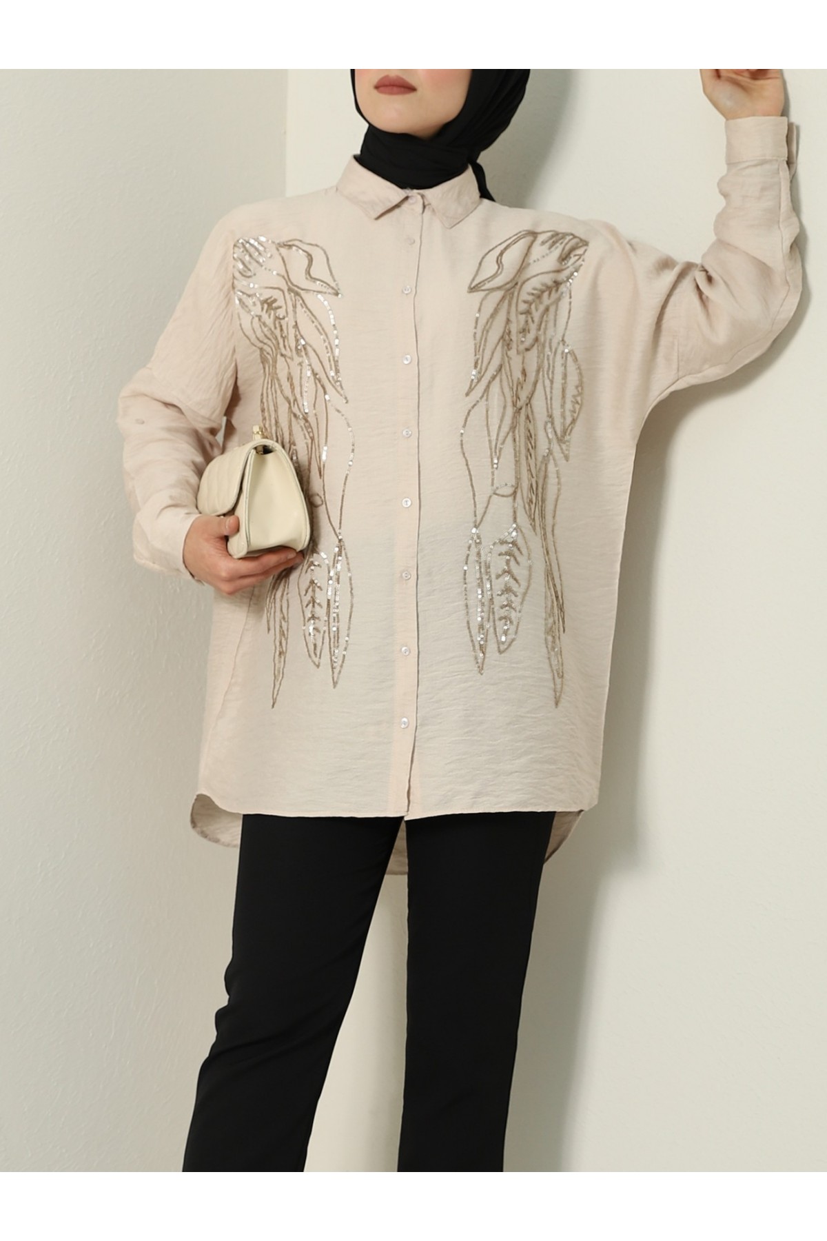 Yaprak Desen Pul Payet Gömlek -Vizon