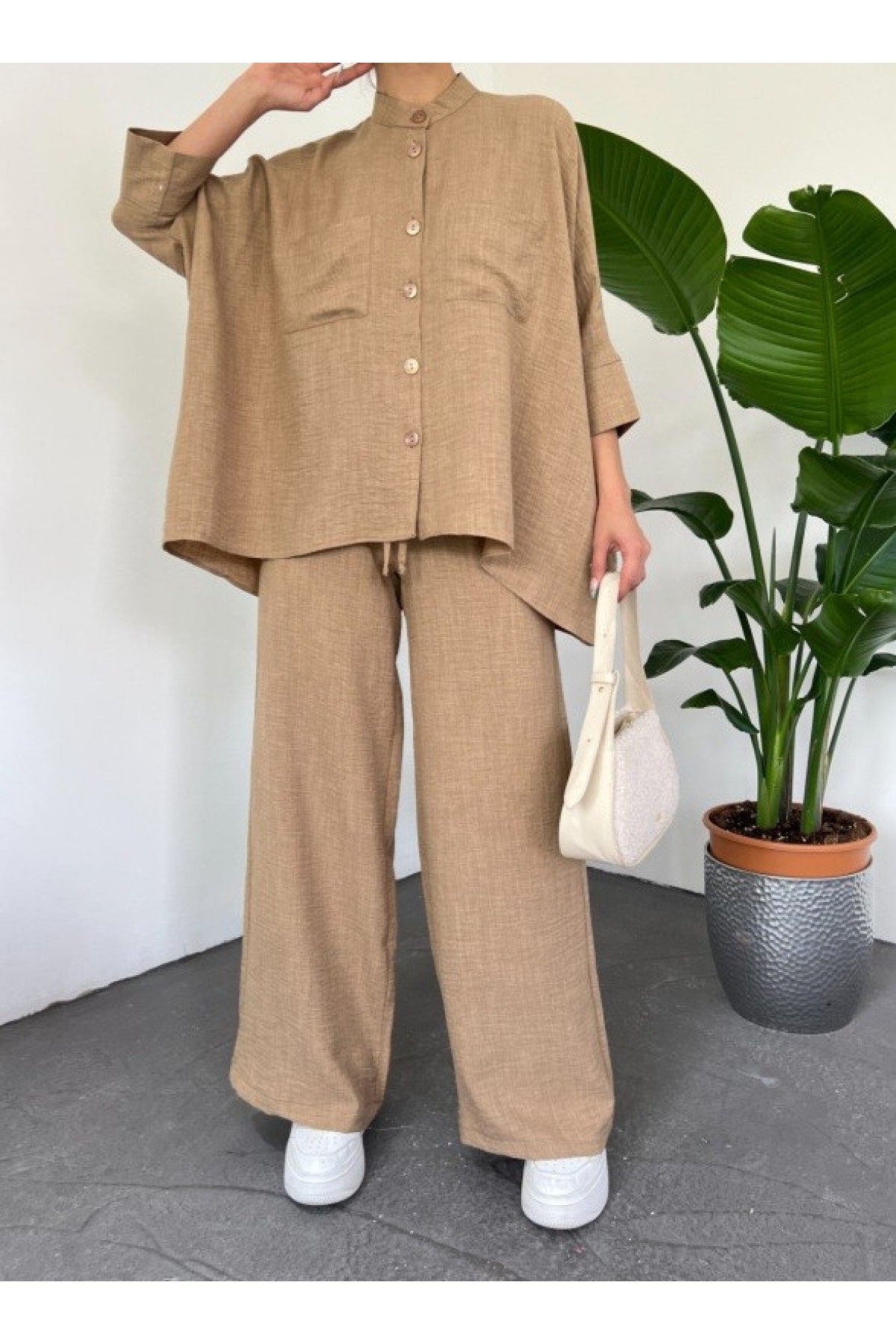 Çift Cepli Yarım Yarasa Kol Salaş Gömlek Takım   -Taba