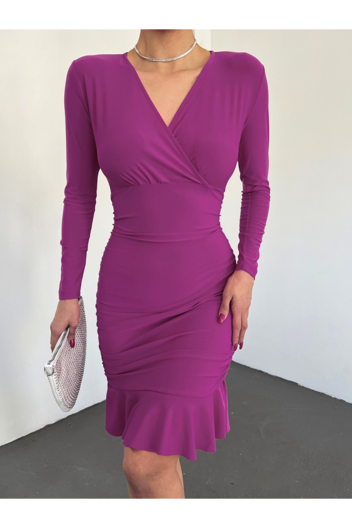 Yanları Lastikli Eteği Volanlı Sandy Mini Elbise -Fuşya