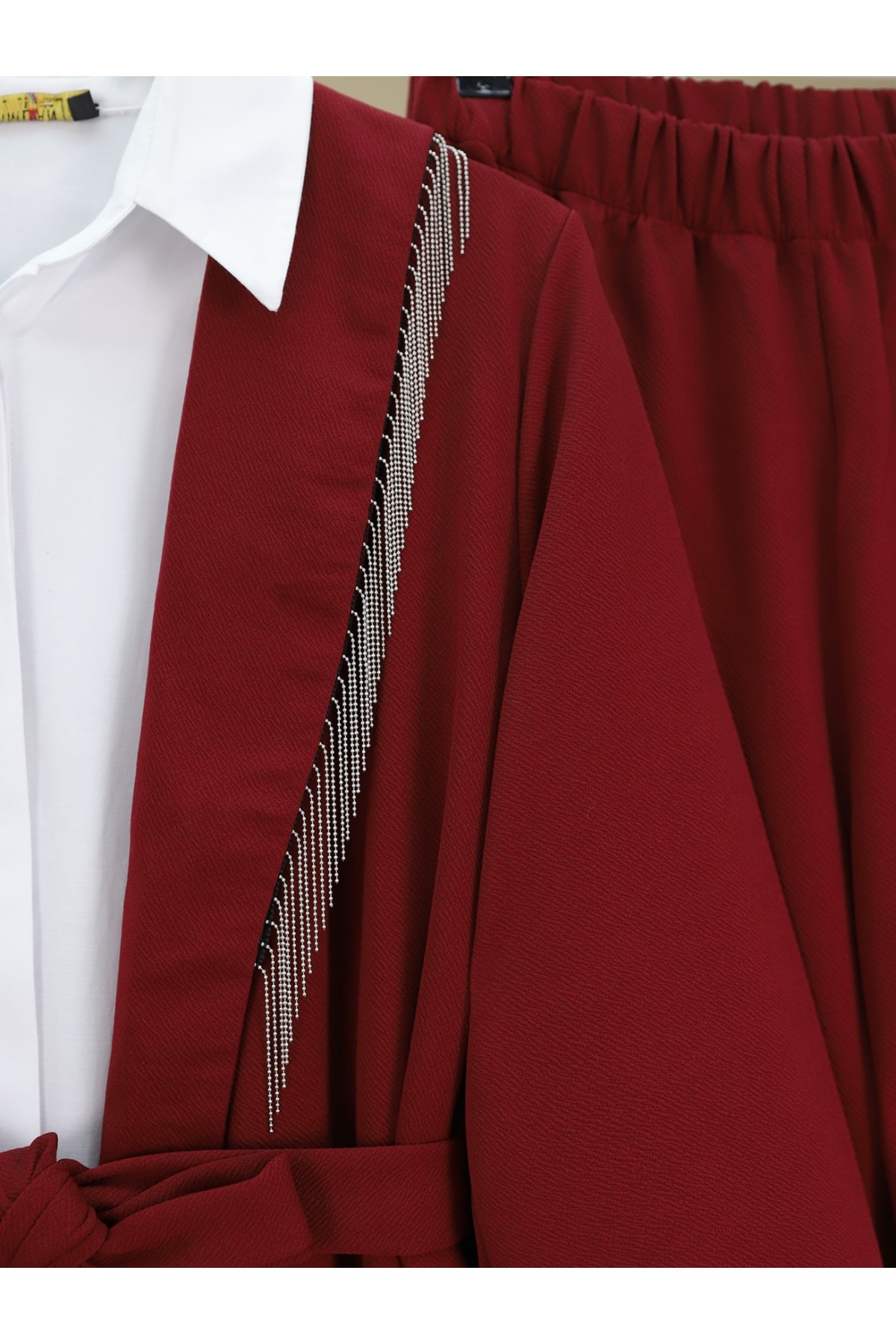 Yakası Metal Püsküllü Kemerli Ceket Pantolon Takım -Bordo