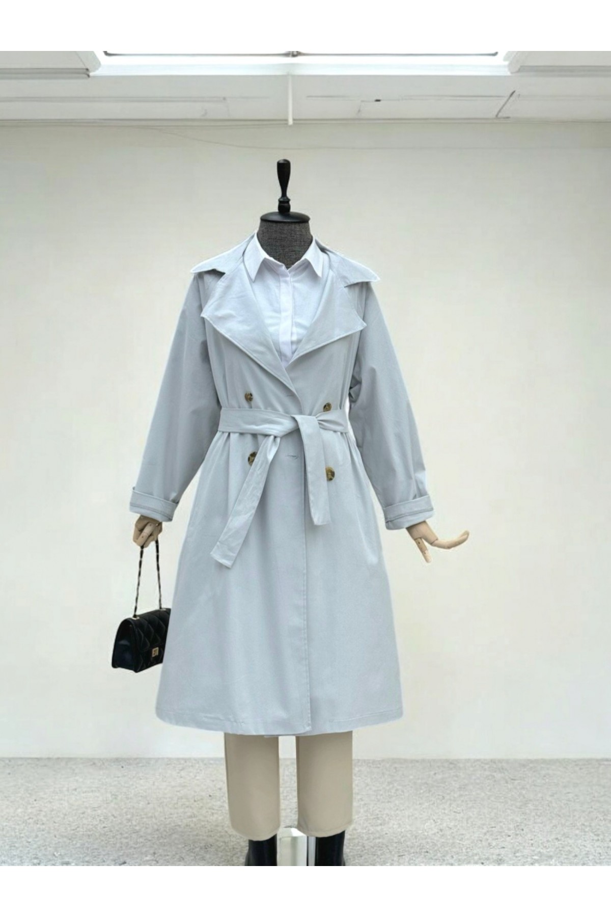 Bolero Detaylı Kemerli Araboy Trençkot -Açık Gri