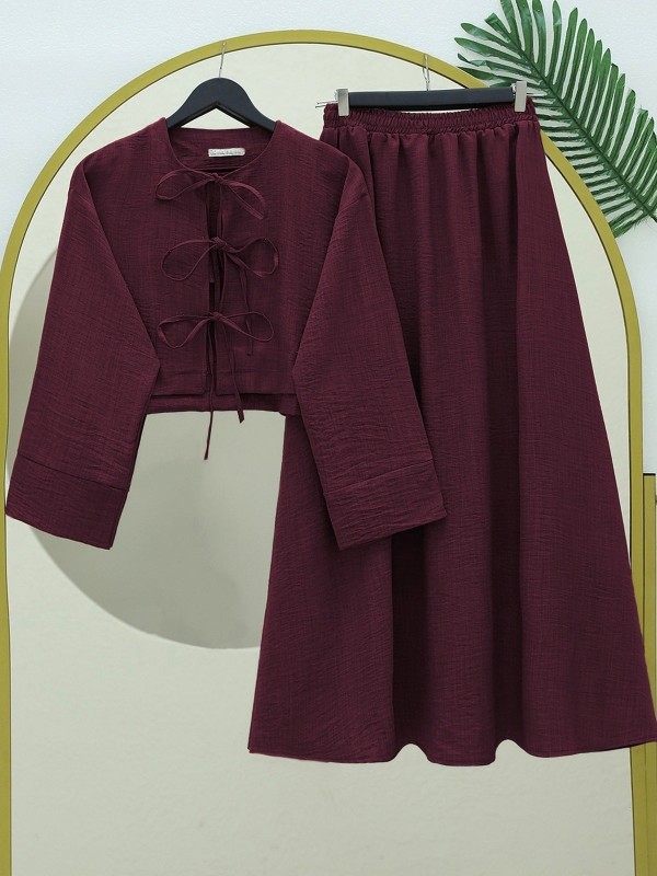Önü Bağcıklı Beli Lastikli Etekli Keten Takım   -Bordo
